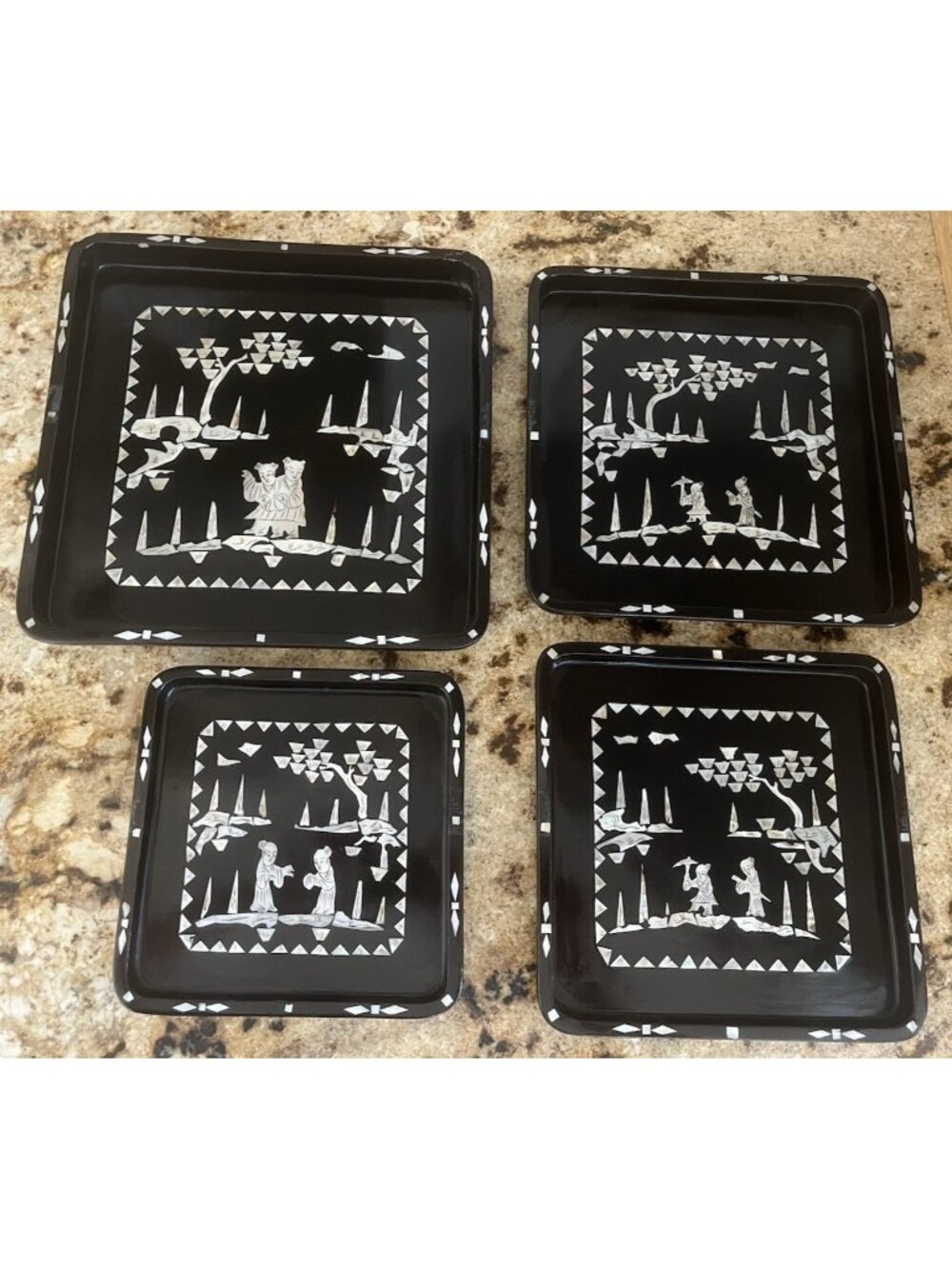 Antique Chinese Set of 4 Black Lacquered Trays w/ Mother-of-Pearl Inlay Scenic